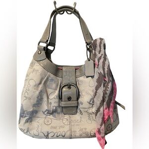 Coach Soho Lynn Horse & Carriage Large Hobo Bag Ivory Gray